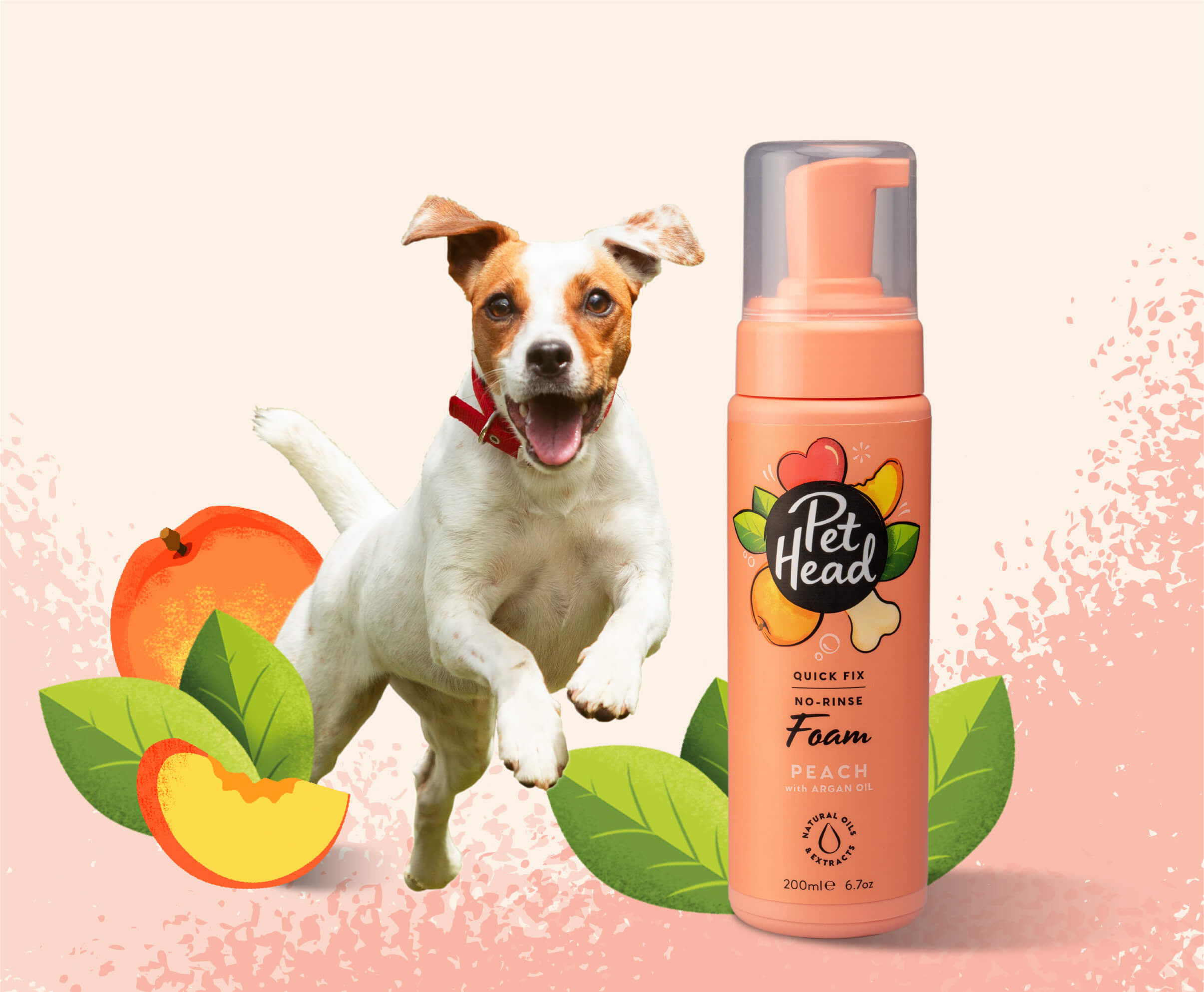 Product shot of the Pet Head Quick Fix Foam next to a happy dog