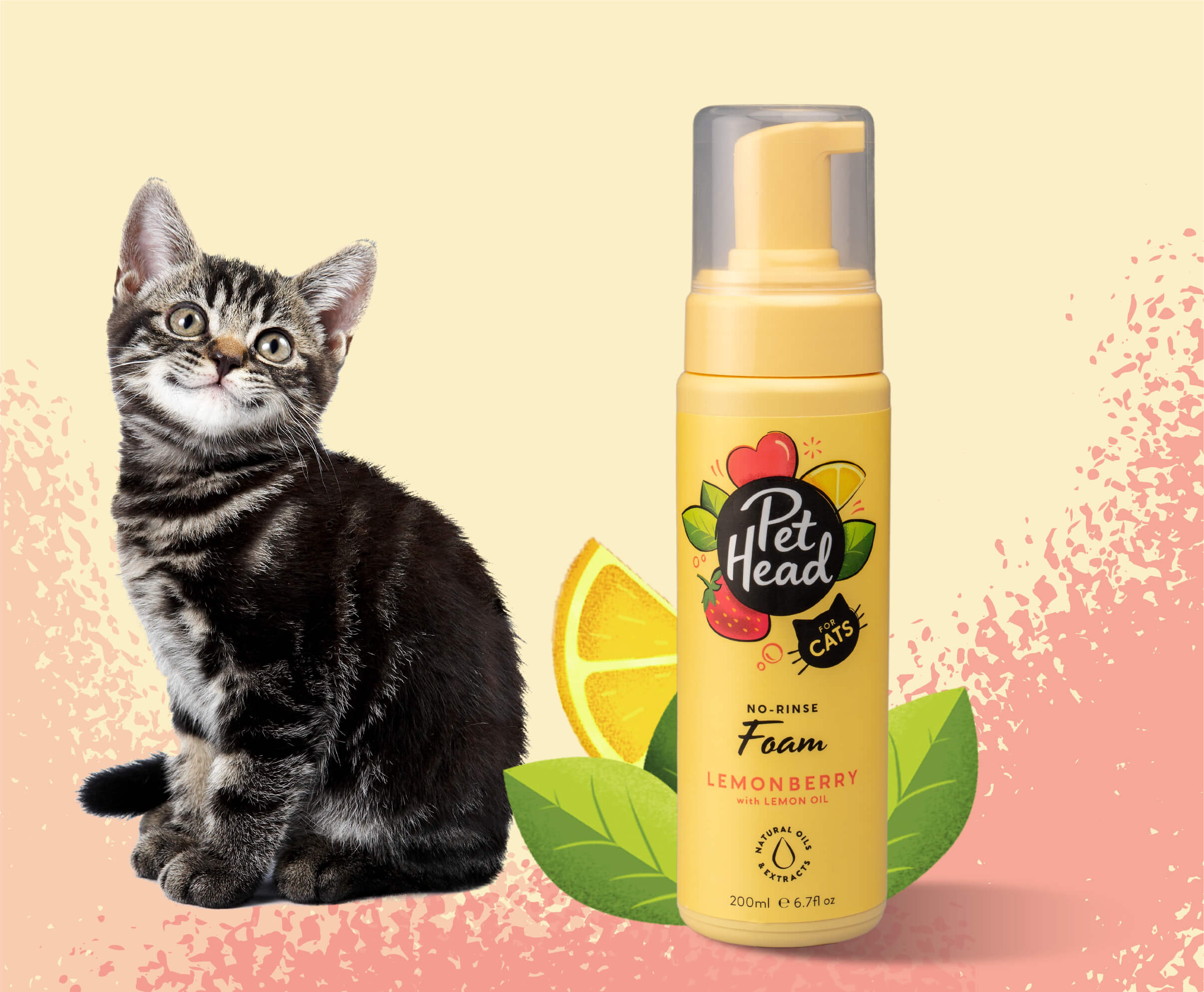 Product shot of the Pet Head Felin' Good foam next to a happy kitten