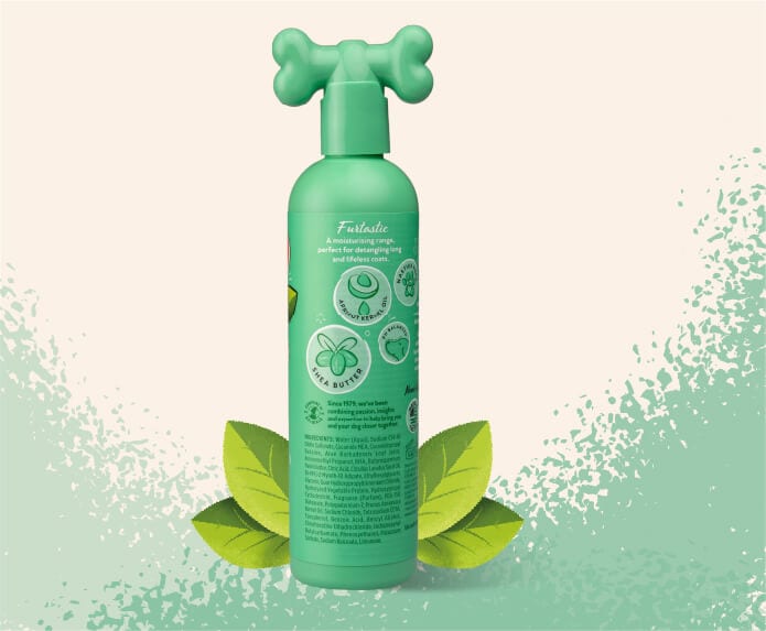 Product shot of the back of the Pet Head Furtastic shampoo