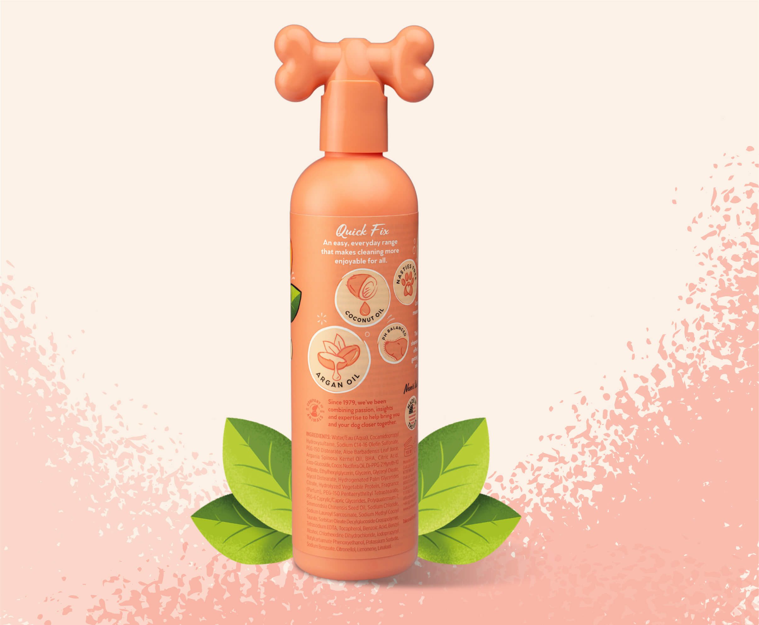 Product shot of the back of the Pet Head Quick Fix shampoo
