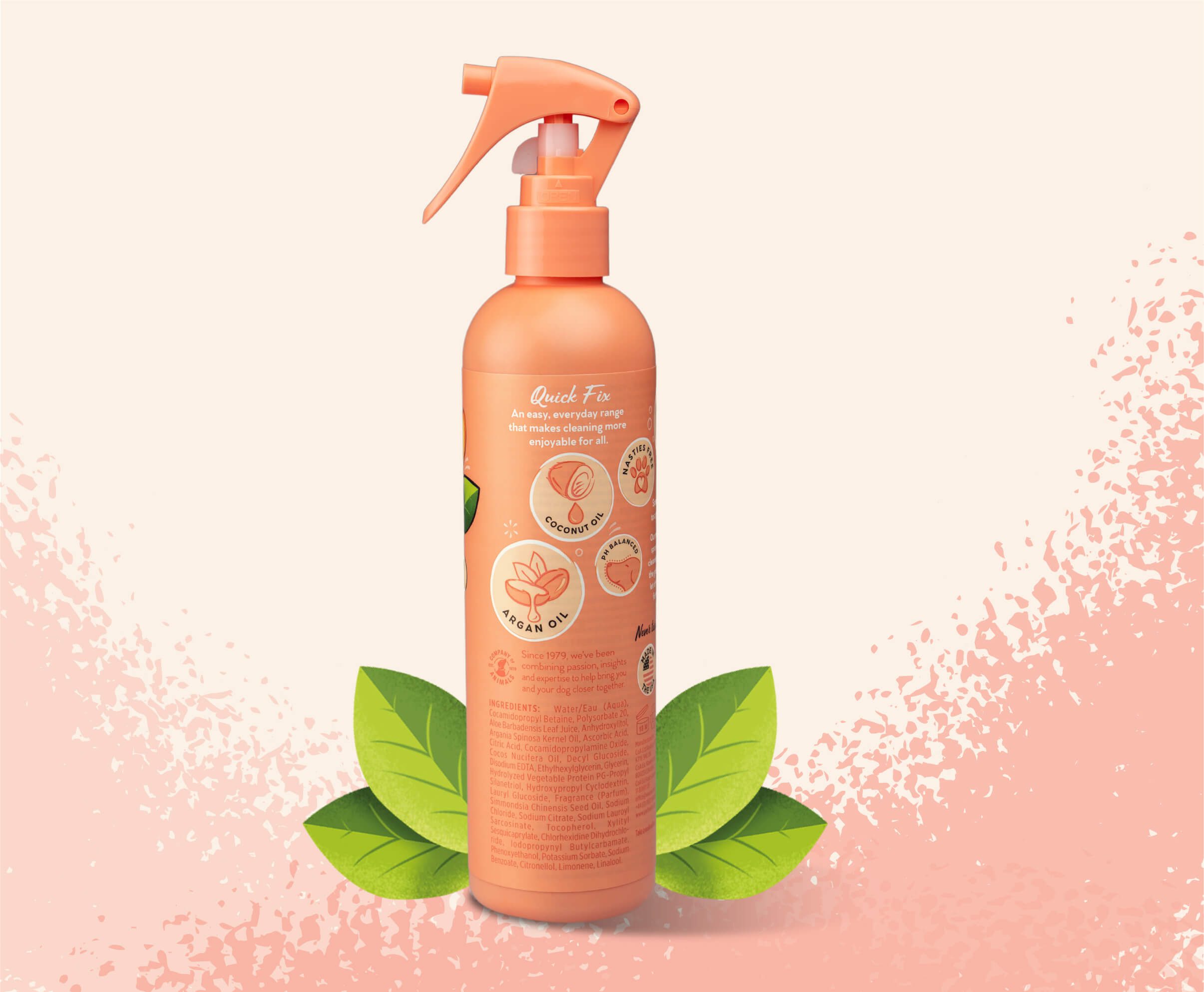 Product shot of the back of the Pet Head Quick Fix spray