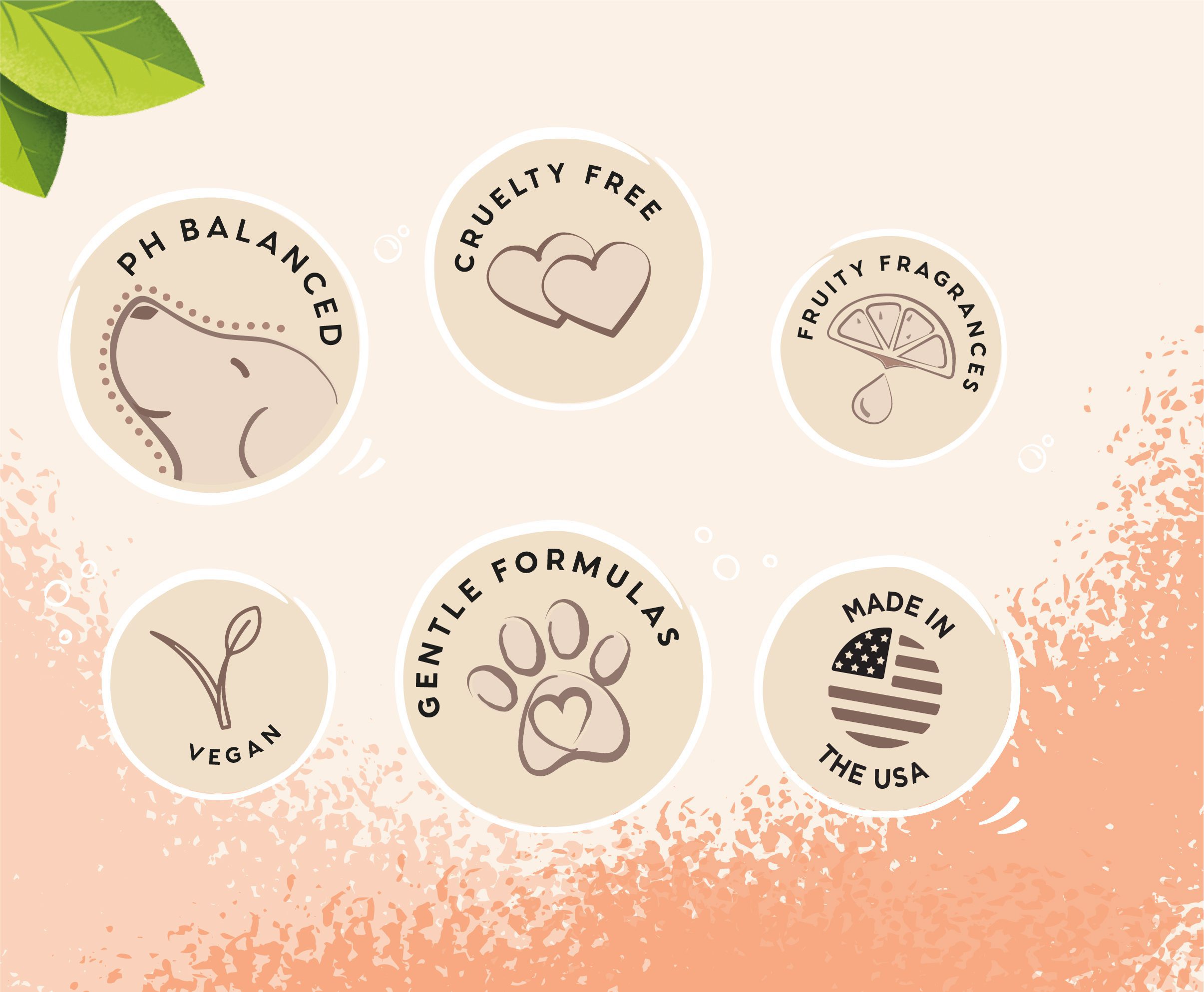 PH balanced, cruelty free, fruit fragrances, vegan, gentle formulas and Made in USA icons