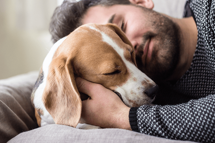 man hugging dog
