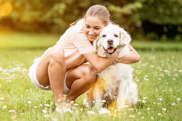 lady cuddling her older golden retriever