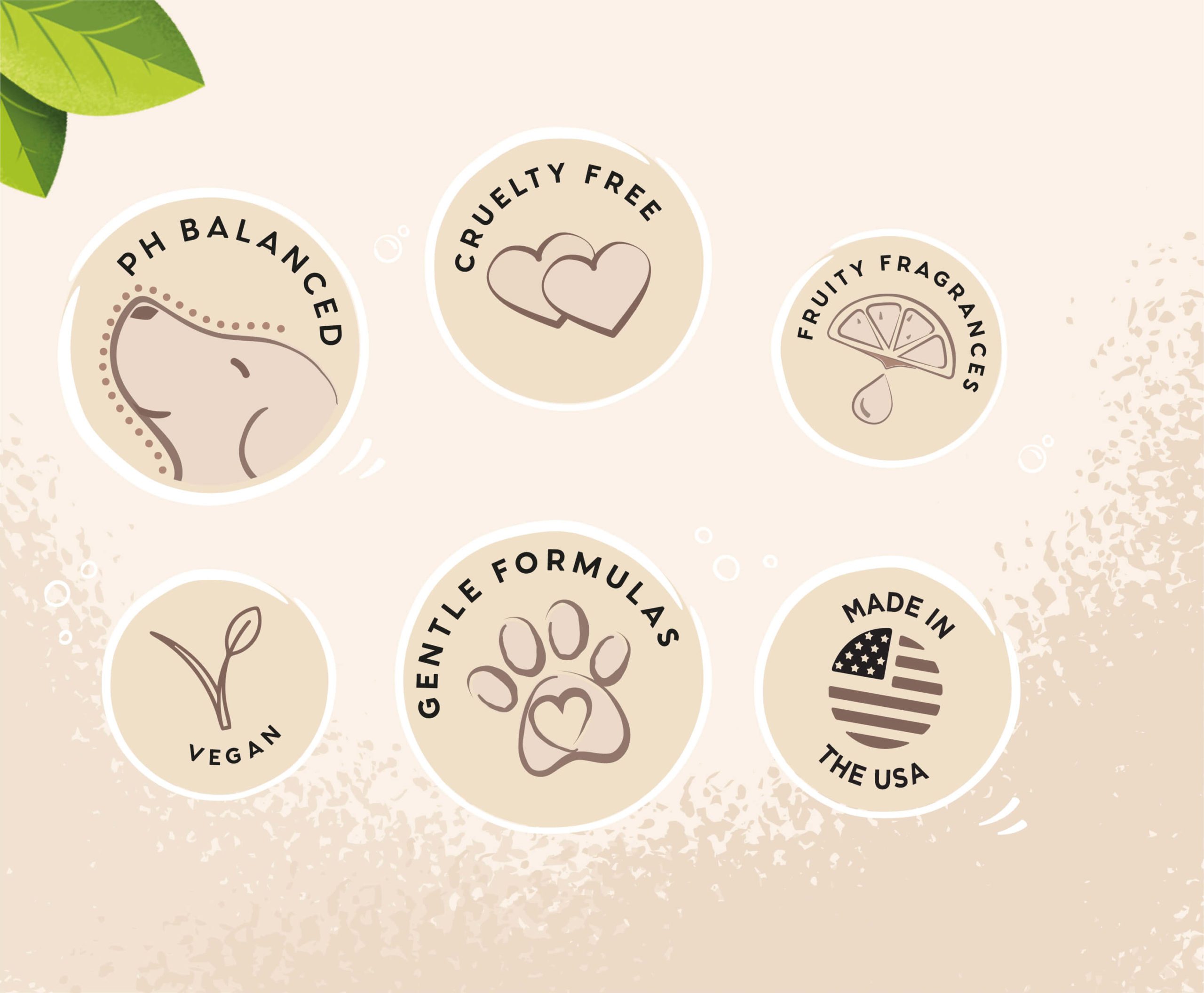 PH Balanced, Cruelty free, Fruity fragrances, vegan, gentle formulas and made in USA icons