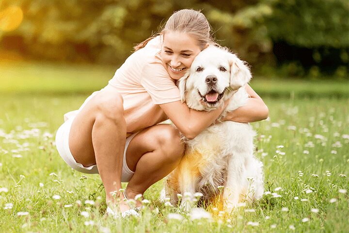 lady cuddling her older golden retriever