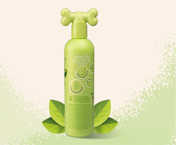Product shot of the back of the Pet Head Mucky Pup shampoo