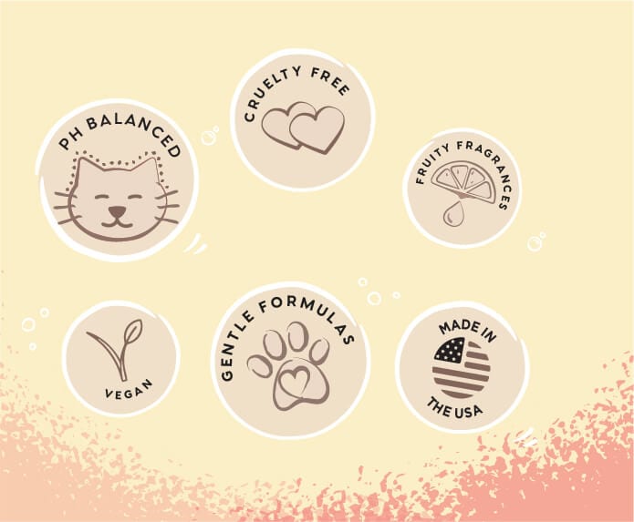 PH balanced, cruelty free, fruit fragrances, vegan, gentle formulas and Made in USA icons